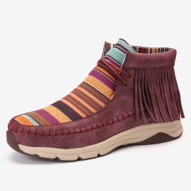 LOSTISY Tassel Stitching Colorful Stripe Outdoor Slip Resistant Ankle Boots