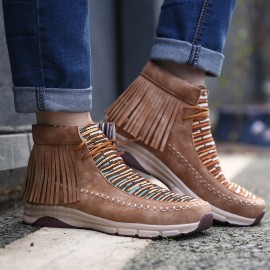 LOSTISY Tassel Stitching Colorful Stripe Outdoor Slip Resistant Ankle Boots
