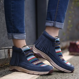 LOSTISY Tassel Stitching Colorful Stripe Outdoor Slip Resistant Ankle Boots