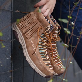 LOSTISY Tassel Stitching Colorful Stripe Outdoor Slip Resistant Ankle Boots