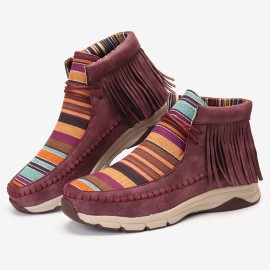 LOSTISY Tassel Stitching Colorful Stripe Outdoor Slip Resistant Ankle Boots