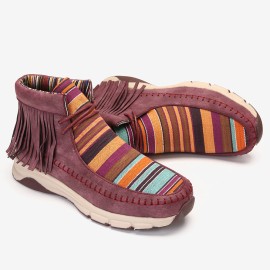LOSTISY Tassel Stitching Colorful Stripe Outdoor Slip Resistant Ankle Boots