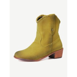 Plus Size Women Retro Solid Color Pointed Toe Block Heel Short Boots