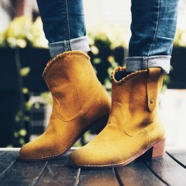 Plus Size Women Retro Solid Color Pointed Toe Block Heel Short Boots