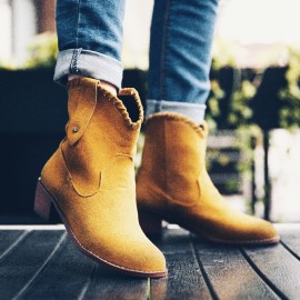 Plus Size Women Retro Solid Color Pointed Toe Block Heel Short Boots