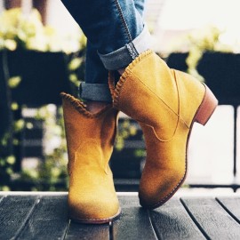 Plus Size Women Retro Solid Color Pointed Toe Block Heel Short Boots