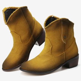 Plus Size Women Retro Solid Color Pointed Toe Block Heel Short Boots