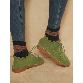 Large Size Women Comfy Suede Braided Scallop Strappy Flat Ankle Boots