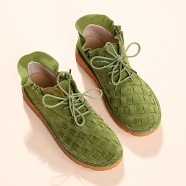 Large Size Women Comfy Suede Braided Scallop Strappy Flat Ankle Boots
