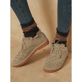 Large Size Women Comfy Suede Braided Scallop Strappy Flat Ankle Boots