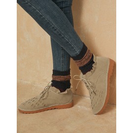 Large Size Women Comfy Suede Braided Scallop Strappy Flat Ankle Boots