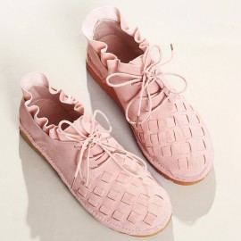 Large Size Women Comfy Suede Braided Scallop Strappy Flat Ankle Boots