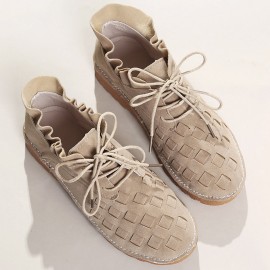 Large Size Women Comfy Suede Braided Scallop Strappy Flat Ankle Boots