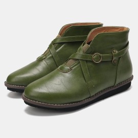 Large Size Women Comfy Leather Stitching Buckle Flat Ankle Boots