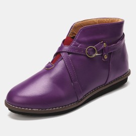 Large Size Women Comfy Leather Stitching Buckle Flat Ankle Boots