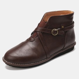 Large Size Women Comfy Leather Stitching Buckle Flat Ankle Boots