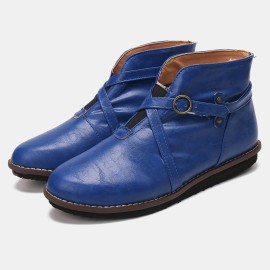 Large Size Women Comfy Leather Stitching Buckle Flat Ankle Boots