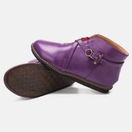 Large Size Women Comfy Leather Stitching Buckle Flat Ankle Boots