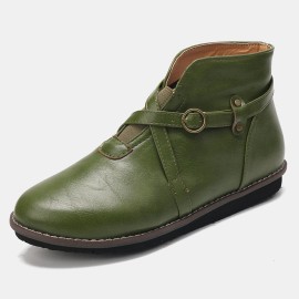 Large Size Women Comfy Leather Stitching Buckle Flat Ankle Boots