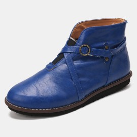 Large Size Women Comfy Leather Stitching Buckle Flat Ankle Boots
