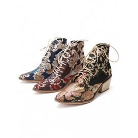 LOSTISY Large Size Women Summer Boots Pointed Toe Embroidered Lace Up Block Heel Short Boots