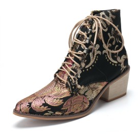 LOSTISY Large Size Women Summer Boots Pointed Toe Embroidered Lace Up Block Heel Short Boots