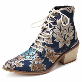 LOSTISY Large Size Women Summer Boots Pointed Toe Embroidered Lace Up Block Heel Short Boots