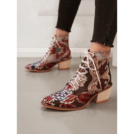 LOSTISY Large Size Women Summer Boots Pointed Toe Embroidered Lace Up Block Heel Short Boots