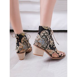 LOSTISY Large Size Women Summer Boots Pointed Toe Embroidered Lace Up Block Heel Short Boots
