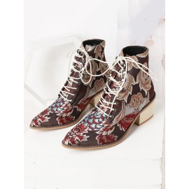 LOSTISY Large Size Women Summer Boots Pointed Toe Embroidered Lace Up Block Heel Short Boots