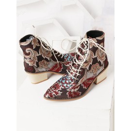 LOSTISY Large Size Women Summer Boots Pointed Toe Embroidered Lace Up Block Heel Short Boots