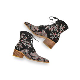 LOSTISY Large Size Women Summer Boots Pointed Toe Embroidered Lace Up Block Heel Short Boots