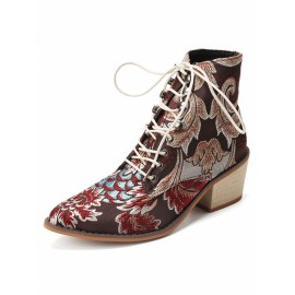 LOSTISY Large Size Women Summer Boots Pointed Toe Embroidered Lace Up Block Heel Short Boots