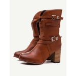 Large Size Women Motorcycle Buckle Strappy Zipper High Heel Middle Boots
