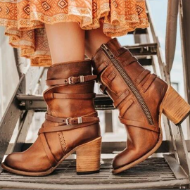 Large Size Women Motorcycle Buckle Strappy Zipper High Heel Middle Boots