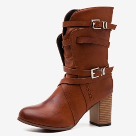 Large Size Women Motorcycle Buckle Strappy Zipper High Heel Middle Boots