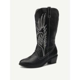 Plus Size Women Retro Embroideried Pointed Toe Chunky Heel Long Boots