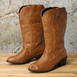 Plus Size Women Retro Embroideried Pointed Toe Chunky Heel Long Boots