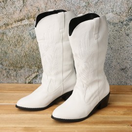 Plus Size Women Retro Embroideried Pointed Toe Chunky Heel Long Boots