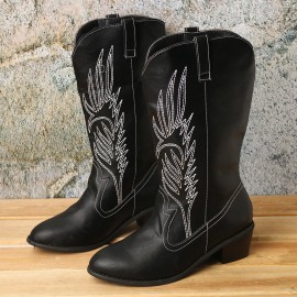 Plus Size Women Retro Embroideried Pointed Toe Chunky Heel Long Boots