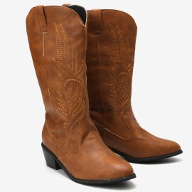 Plus Size Women Retro Embroideried Pointed Toe Chunky Heel Long Boots