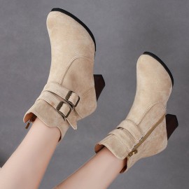 Plus Size Women Buckle High Heel Zipper Short Boots