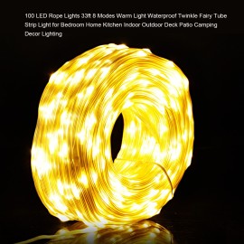 100 LED Rope Lights 33ft 8 Modes Warm Light Changing Waterproof Twinkle Fairy Tube Strip Light for Bedroom Home Kitchen Indoor Outdoor Deck Patio Camping Decor Lighting