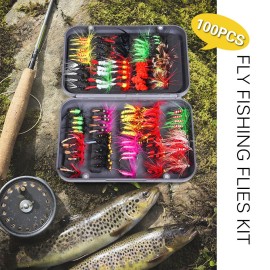Fly Fishing Flies Kit 20/100pcs Assorted Fly Fishing Lures Hooks with Fly Box