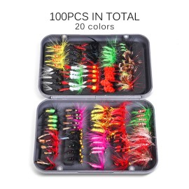 Fly Fishing Flies Kit 20/100pcs Assorted Fly Fishing Lures Hooks with Fly Box