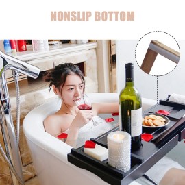 Bathtub Caddy Tray Bamboo Spa Bathtub Caddy Organizer Book Wine Holder Nonslip Bottom Extendable Sides