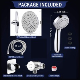 Rainfall Shower Head Combo 8 Inch Rain Showerhead and 3-Setting Handheld Showerhead Hose Bracket 3-Way Splitter Polished Chrome High Pressure Shower Head Combo