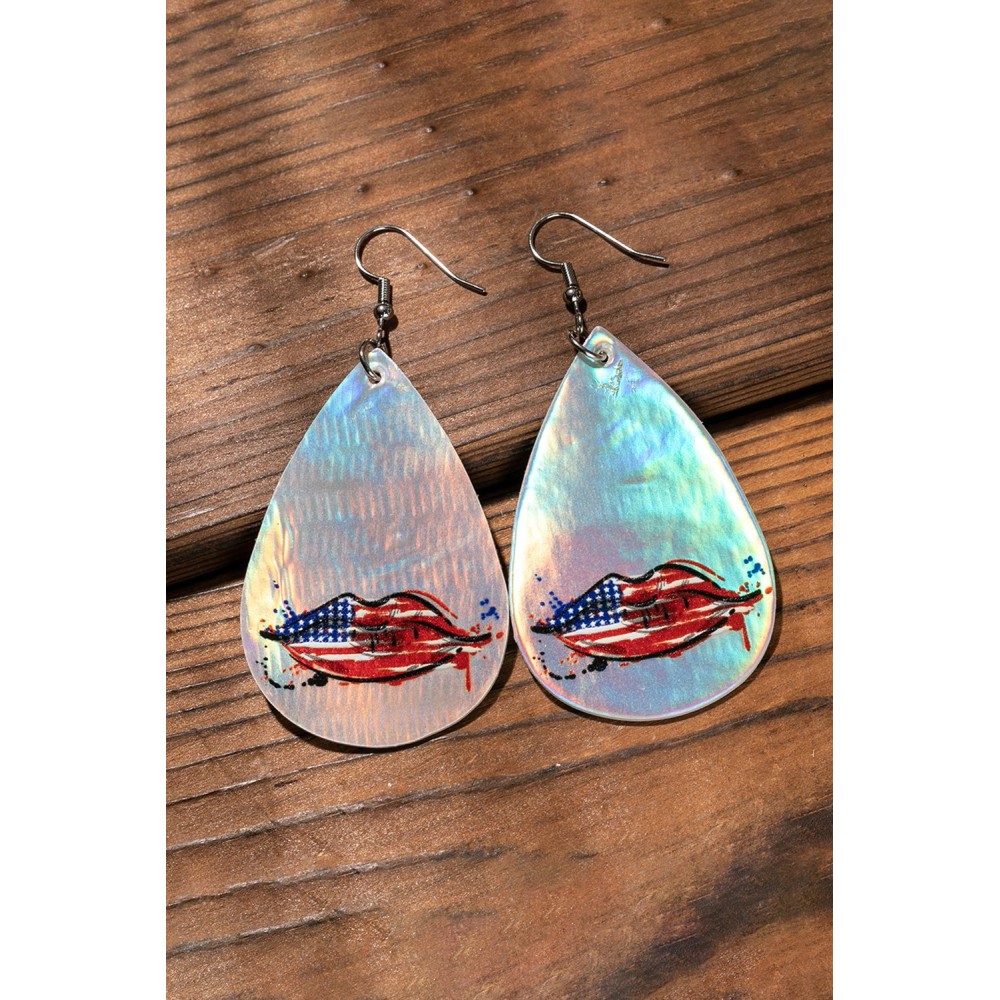 Silvery Flag Lip Print Water Drop Hook Earrings