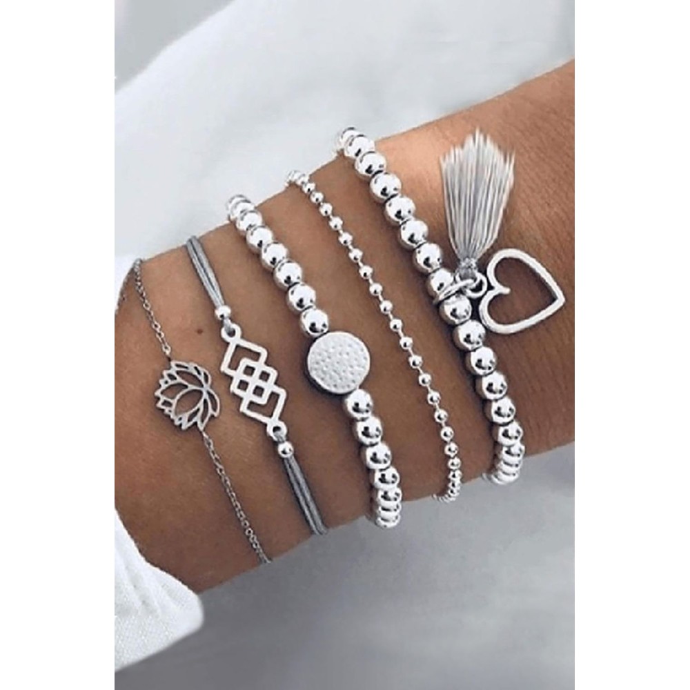 Hollow Out Heart Lotus Beading Tassel Bracelet Set