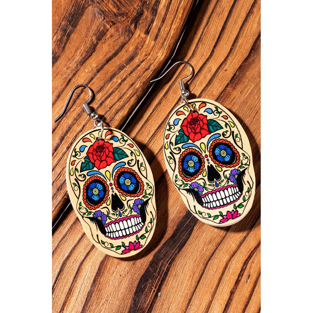 Halloween Skull Floral Print PU Leather Earrings